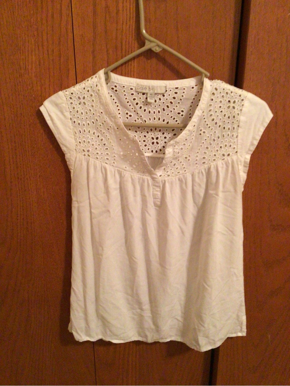 White Eyelet Cap-Sleeve Blouse with V-Notch